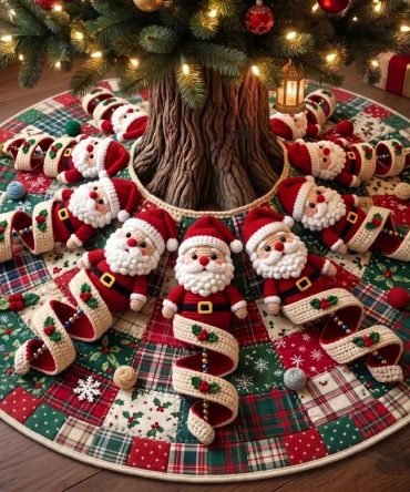 Plaid Santa Candy Cane Tree Skirt — Custom Plaid Holiday Skirt With Santa And Candy Cane Accents, Cozy Tradition
