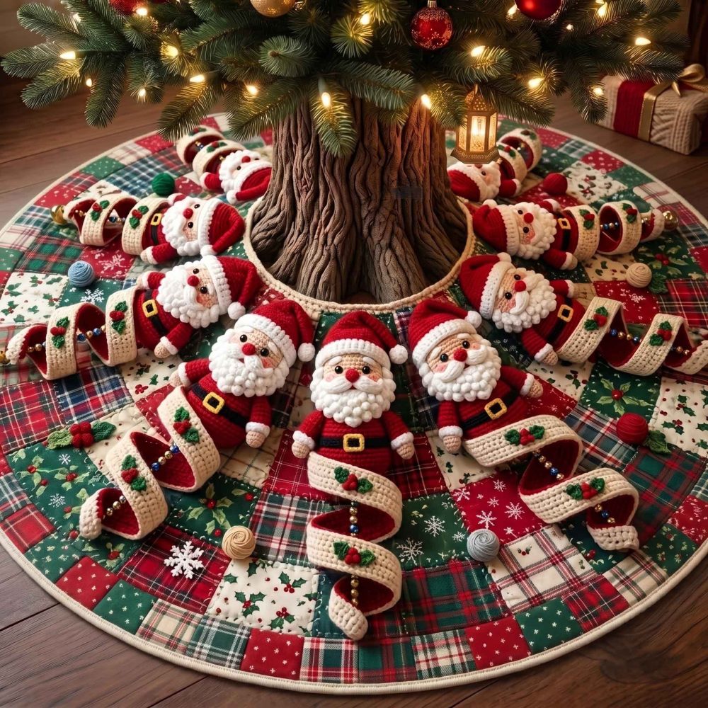 Plaid Santa Candy Cane Tree Skirt — Custom Plaid Holiday Skirt With Santa And Candy Cane Accents, Cozy Tradition