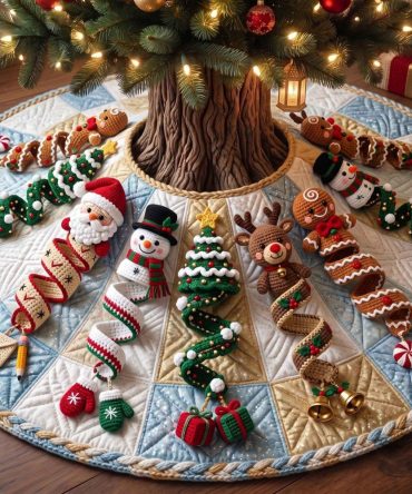 Frosty Blue Snowman & Tree Holiday Tree Skirt — Custom Winter Wonderland Decoration, Plush Applique