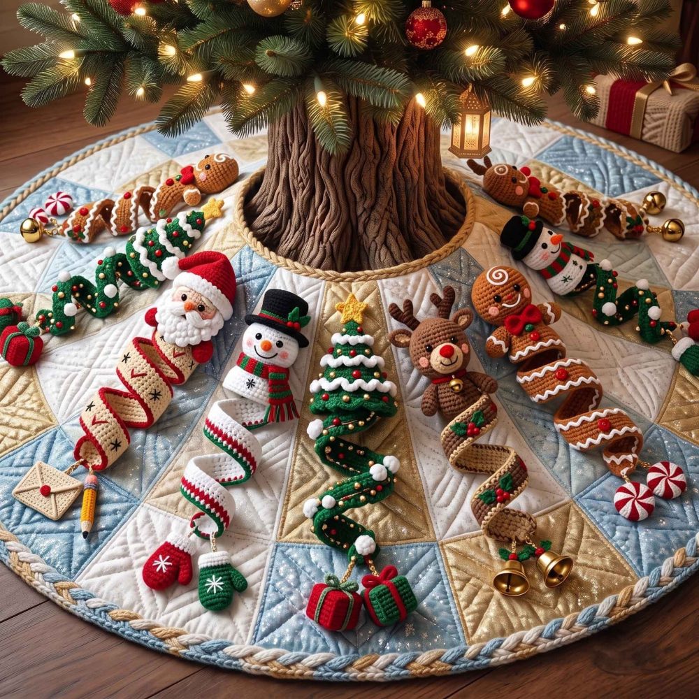 Frosty Blue Snowman & Tree Holiday Tree Skirt — Custom Winter Wonderland Decoration, Plush Applique
