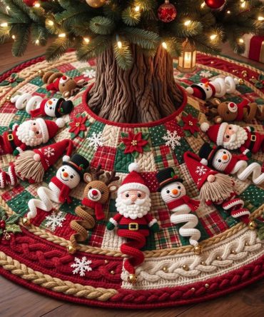 Crimson Santa Gathering Tree Skirt — Custom Red Holiday Tree Base, Festive Santa Scenes, Premium Materials