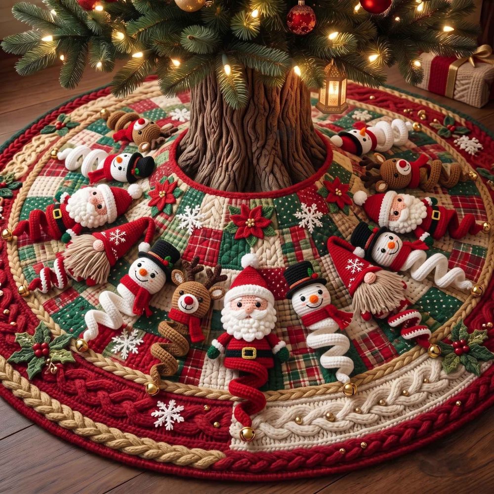 Crimson Santa Gathering Tree Skirt — Custom Red Holiday Tree Base, Festive Santa Scenes, Premium Materials