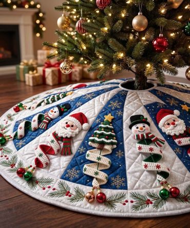 Midnight Navy Santa & Mitten Tree Skirt — Custom Dark Blue Holiday Skirt With Santa And Mitten Accents