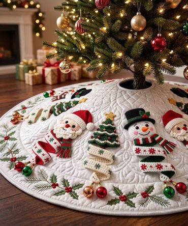 Snowflake Cream Santa & Tree Tree Skirt — Custom Cream Holiday Base, Elegant Snowflake And Santa Applique