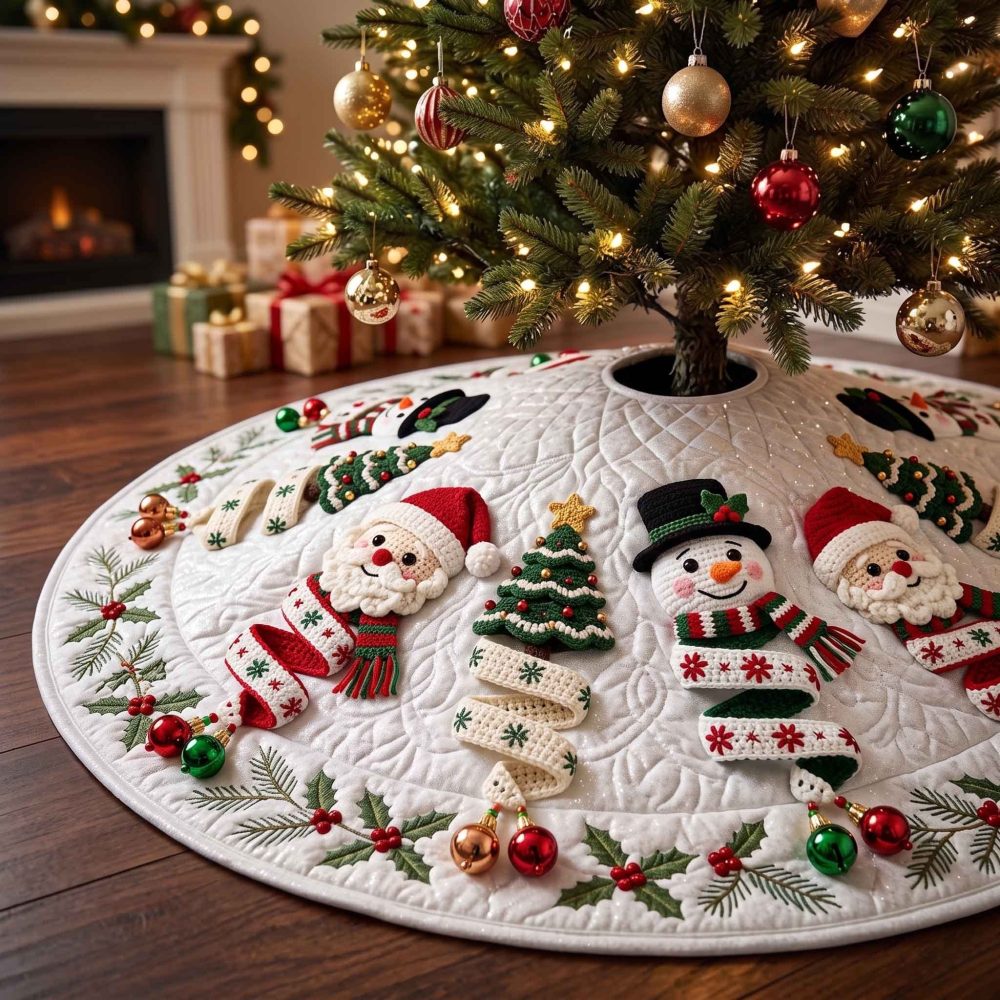 Snowflake Cream Santa & Tree Tree Skirt — Custom Cream Holiday Base, Elegant Snowflake And Santa Applique