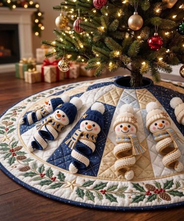 Navy Scarf Snowman Row Tree Skirt — Custom Navy Holiday Tree Collar, Cozy Winter Snowman Design