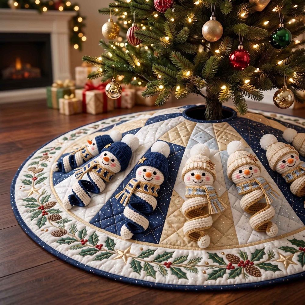 Navy Scarf Snowman Row Tree Skirt — Custom Navy Holiday Tree Collar, Cozy Winter Snowman Design