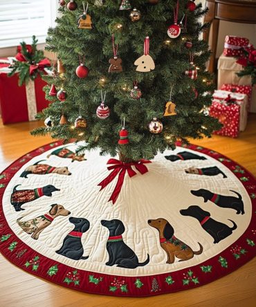 Adorable Dachshund Dreams Christmas Tree Skirt — Custom Wiener Dog Holiday Tree Skirt, Handcrafted And Made-To-Order
