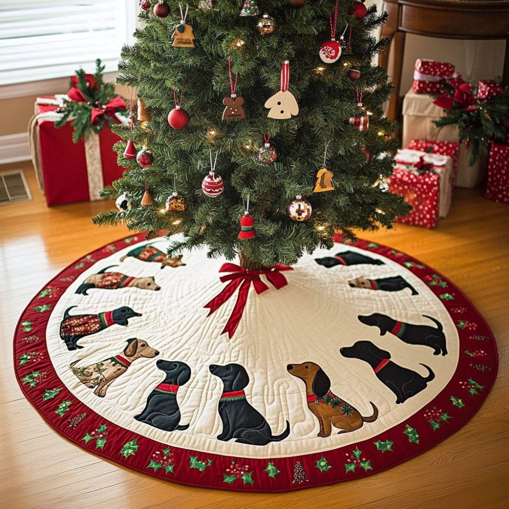 Adorable Dachshund Dreams Christmas Tree Skirt — Custom Wiener Dog Holiday Tree Skirt, Handcrafted And Made-To-Order