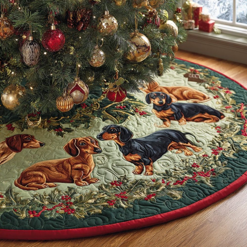 Dachshund Nights Christmas Tree Skirt — Custom Handmade Wiener Dog Holiday Skirt, Personalized Name Option, Durable Felt