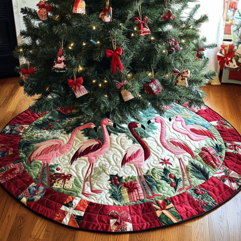 Tropical Flamingo Christmas Tree Skirt — Custom Holiday Skirt With Flamingo Print, Bright Seasonal Decor, Handmade & Personalized