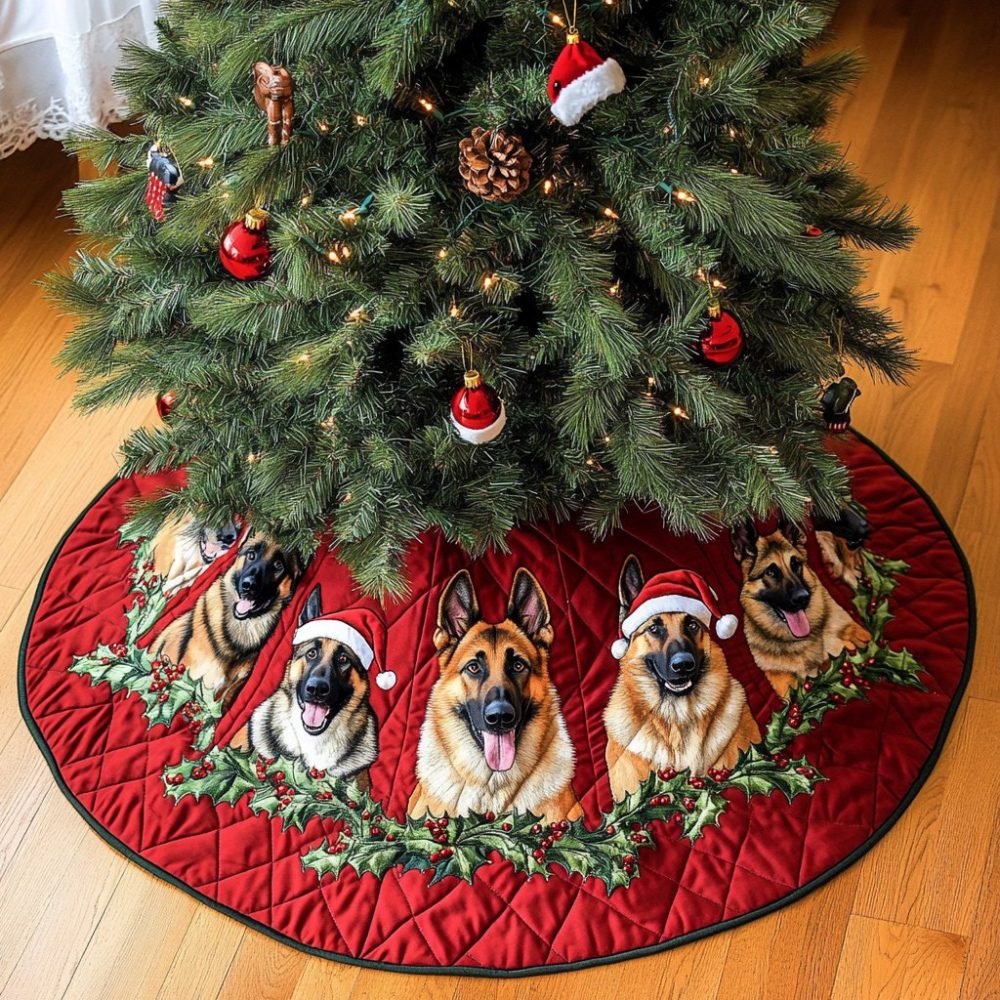 German Shepherds In Santa Hats Christmas Skirt — Festive Dog-Themed Tree Skirt, Soft Durable Fabric, Custom Sizes & Ready To Gift