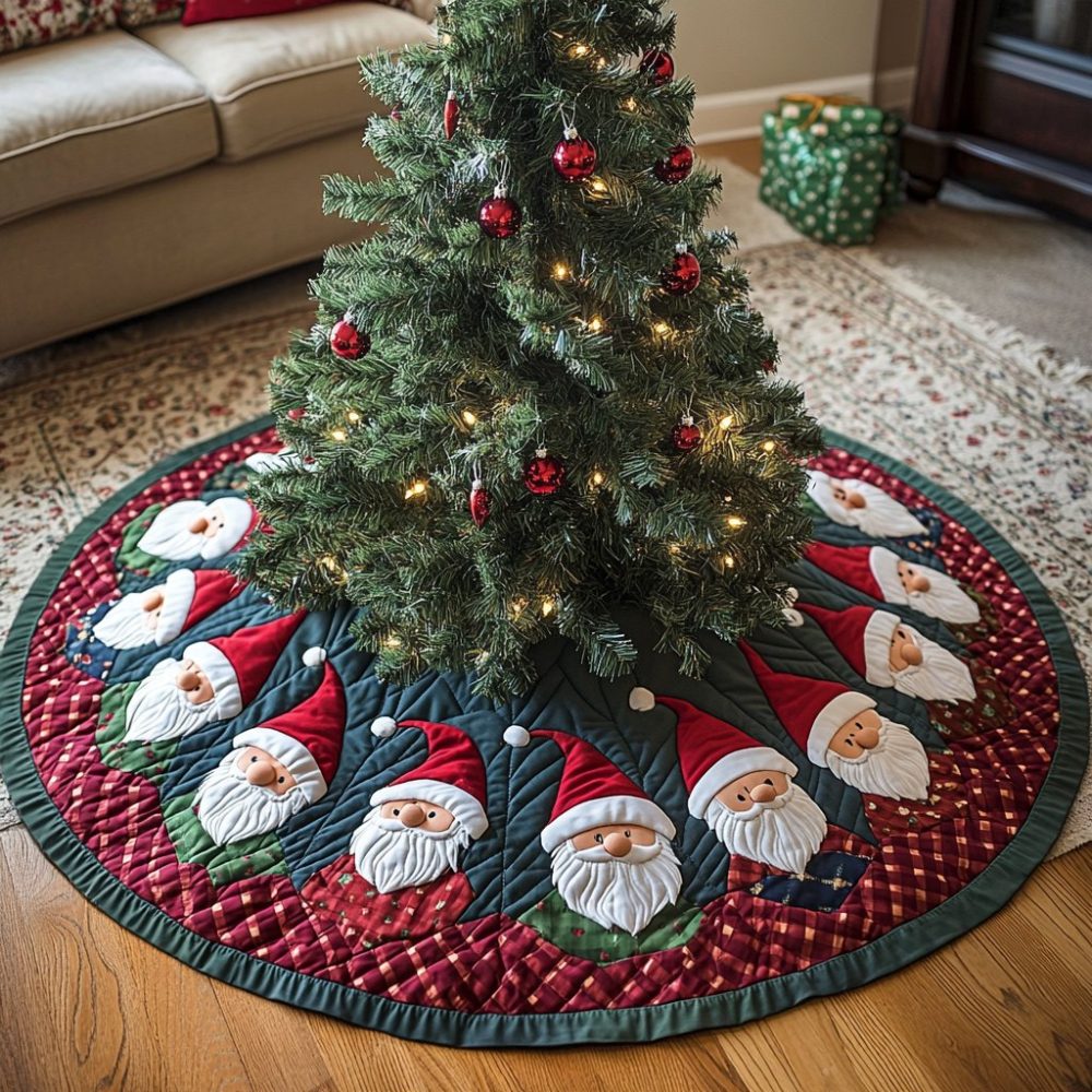 Classic Merry Gnome Christmas Tree Skirt — Cozy Handmade Gnome Holiday Skirt, Soft Durable Material, Custom Sizing & Gift-Ready Presentation