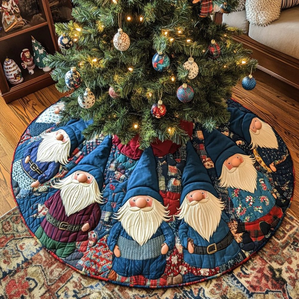 Gnome Gathering Holiday Tree Skirt — Cheerful Handmade Gnome Circle Design, Premium Fabric, Custom Sizes & Perfect Family Gift