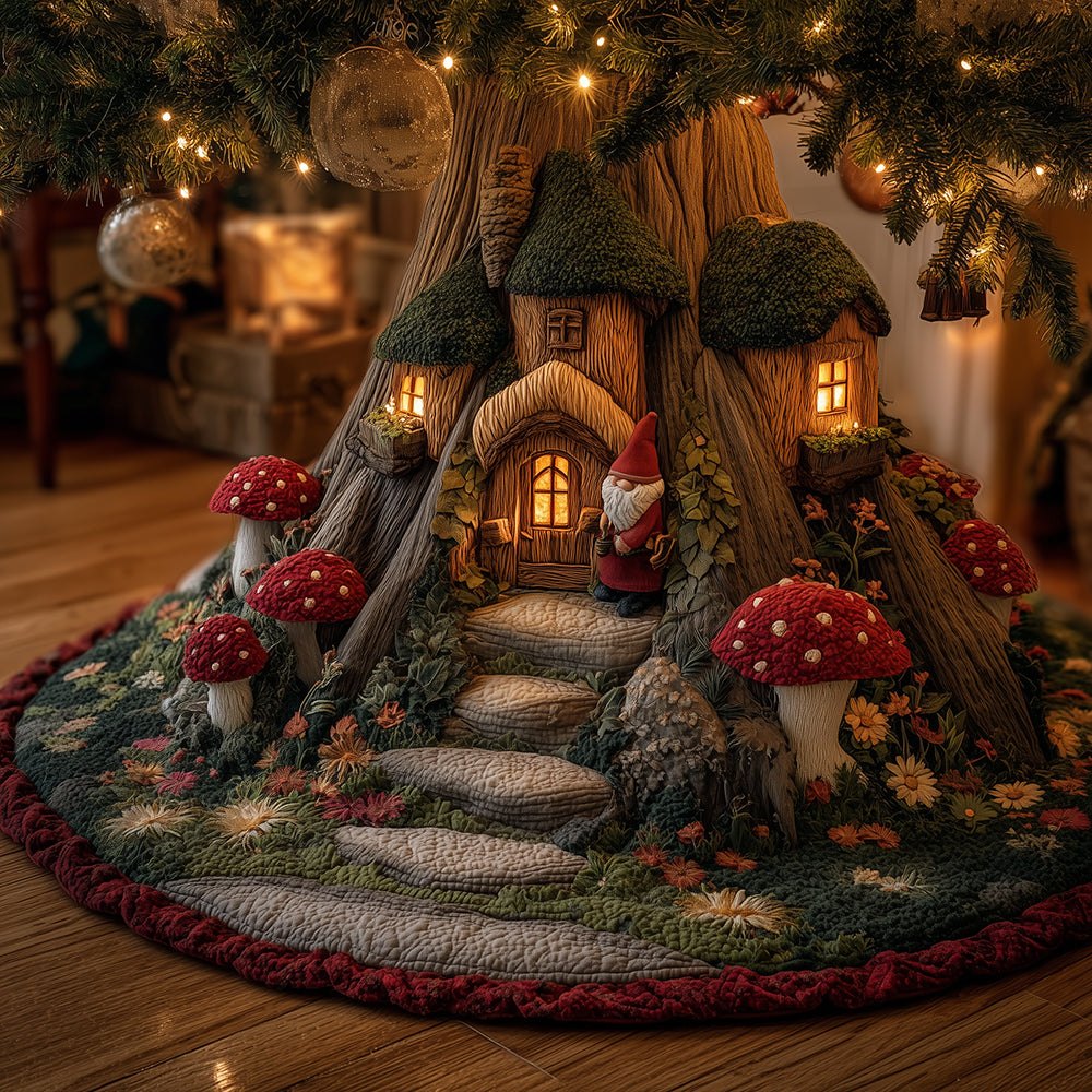 Whimsical Gnome House Christmas Tree Skirt — Handmade Holiday Tree Skirt, Charming Gnome Cottage Design, Custom Sizes & Great Gift Choice
