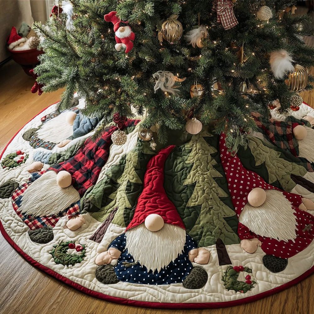 Gnome Lane Handmade Christmas Tree Skirt — Charming Holiday Gnome Street Scene, Premium Fabric, Custom Sizes & Perfect Stocking Alternative