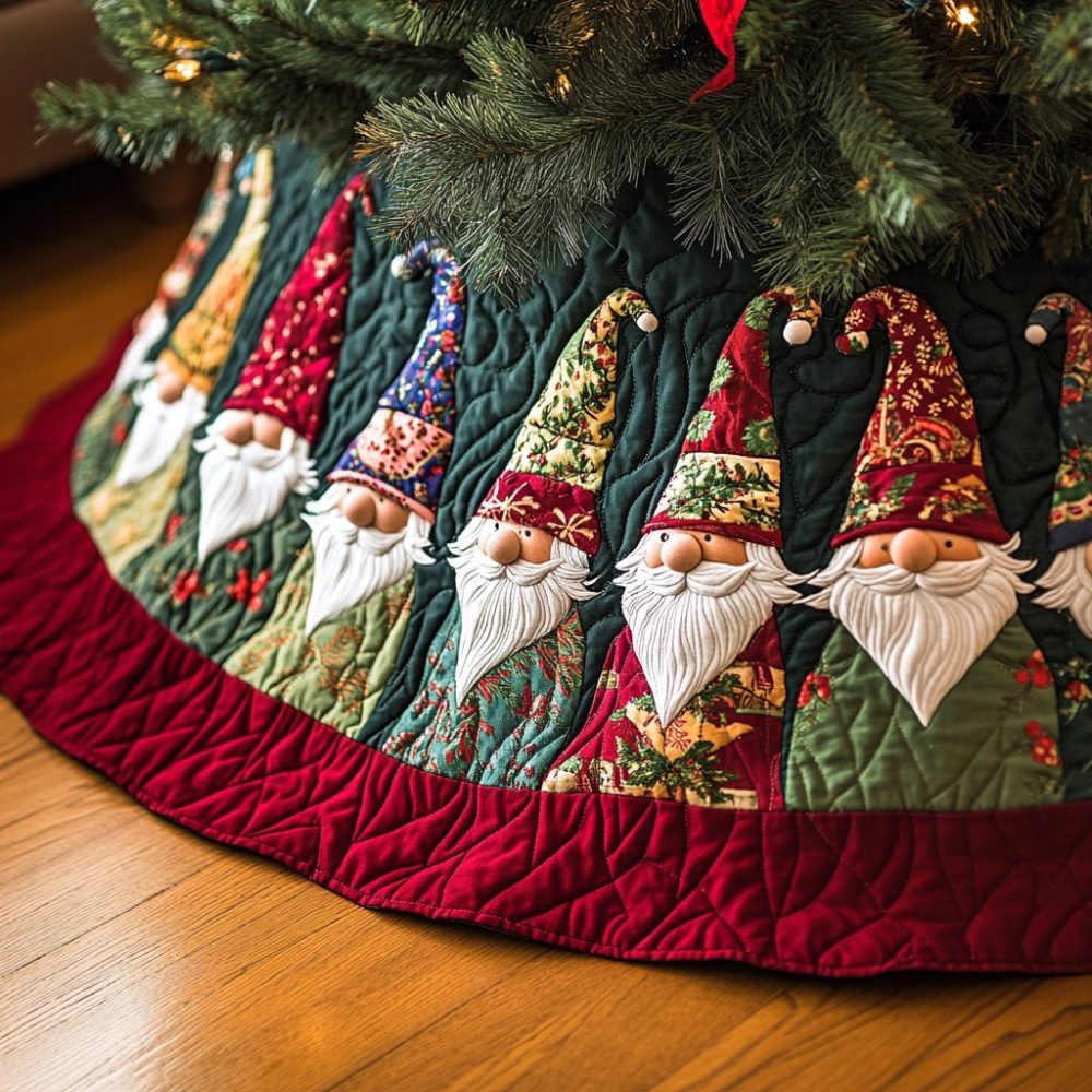 Festive Merry Gnomes Holiday Tree Skirt — Cute Gnome Christmas Tree Skirt, Soft Fabric, Custom Size Options & Ready-To-Gift Packaging
