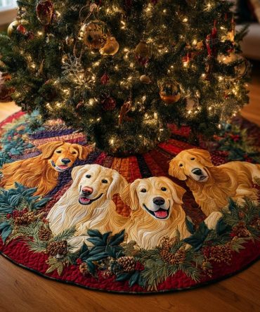 Goldens On Teal Feather Ring Holiday Tree Skirt — Stylish Christmas Tree Skirt, Premium Fabric, Made-To-Order & Gift-Ready Packaging