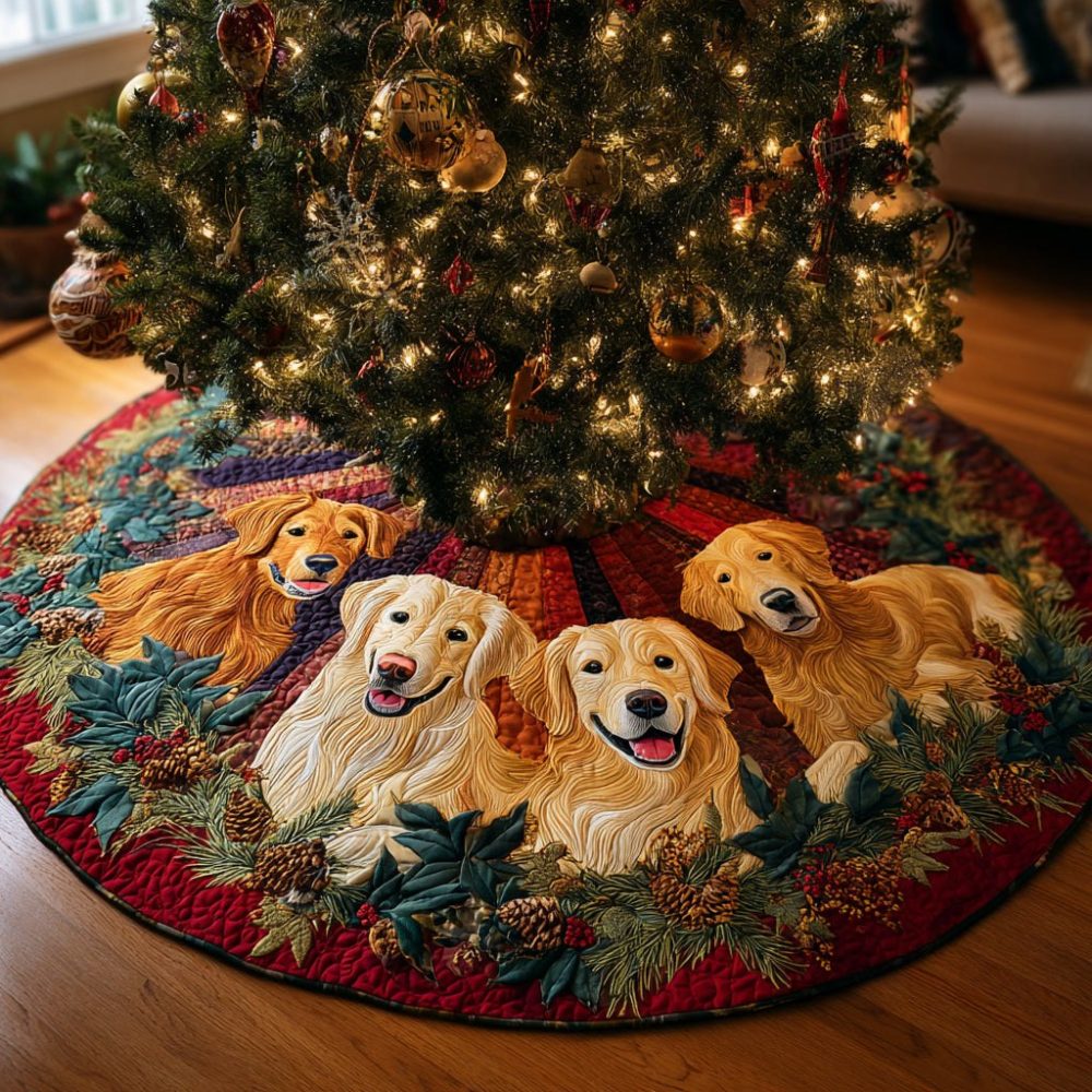 Goldens On Teal Feather Ring Holiday Tree Skirt — Stylish Christmas Tree Skirt, Premium Fabric, Made-To-Order & Gift-Ready Packaging