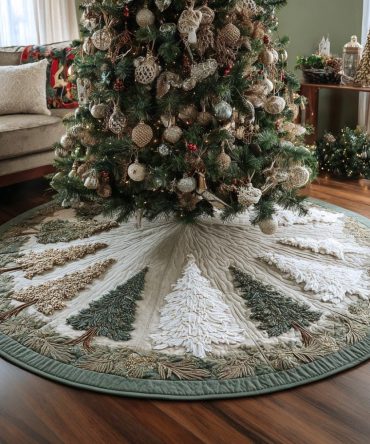 Handmade Merry Grove Holiday Tree Skirt — Elegant Woodland Christmas Tree Skirt, Premium Fabric, Custom Sizing & Gift-Ready Finish