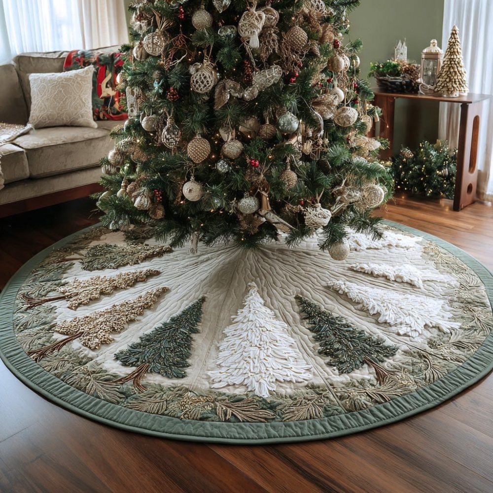 Handmade Merry Grove Holiday Tree Skirt — Elegant Woodland Christmas Tree Skirt, Premium Fabric, Custom Sizing & Gift-Ready Finish