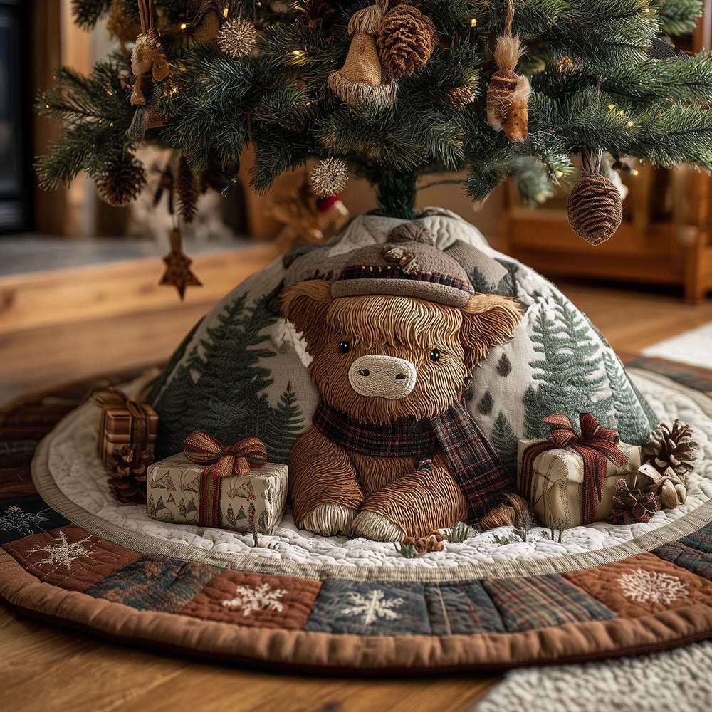 Handcrafted Highland Cow Holiday Tree Skirt — Rustic Farmhouse Christmas Tree Skirt, Soft Fleece, Custom Size & Gift-Ready