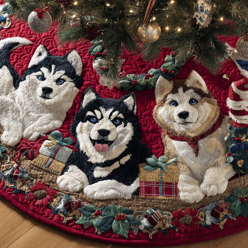 Husky Trail Winter Tree Skirt — Handmade Siberian Husky-Themed Holiday Skirt, Custom Pet Names, Durable Felt, Made-To-Order