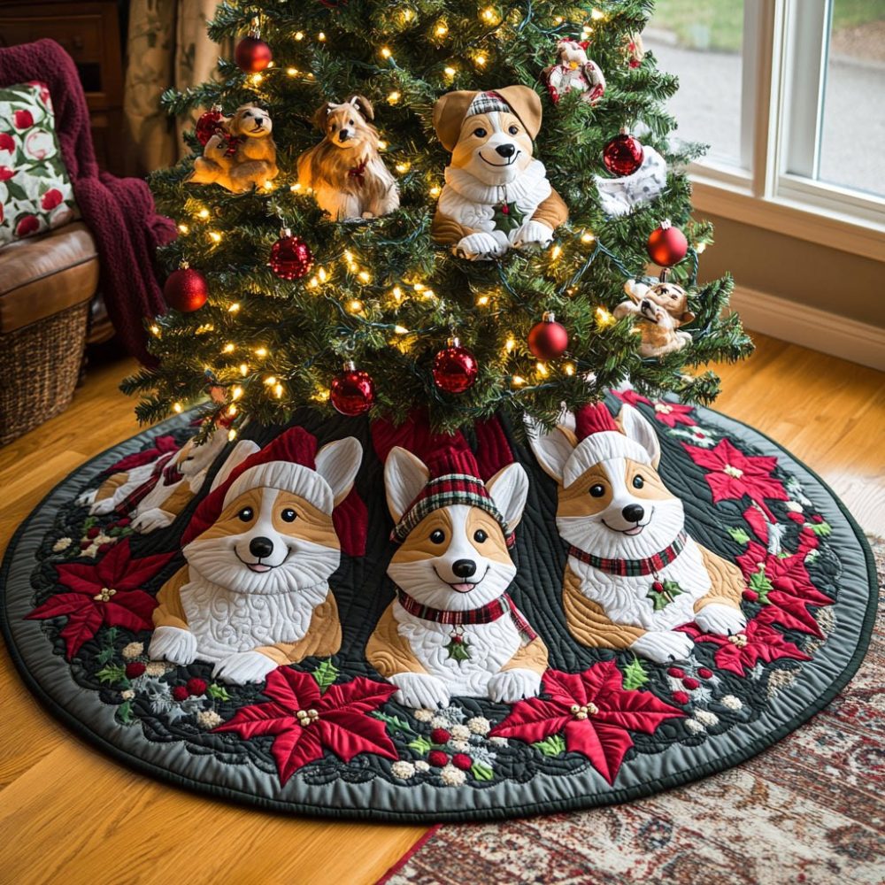Little Corgi Holiday Tree Skirt — Handmade Adorable Corgi Dog Skirt, Personalized Name Option, Durable Felt, Made-To-Order