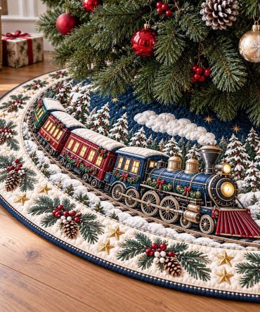 Merry Locomotive Holiday Tree Skirt - Made-To-Order Vintage Train Christmas Skirt, Durable Fabric, Customizable Name Embroidery
