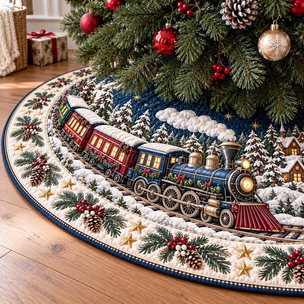 Merry Locomotive Holiday Tree Skirt - Made-To-Order Vintage Train Christmas Skirt, Durable Fabric, Customizable Name Embroidery