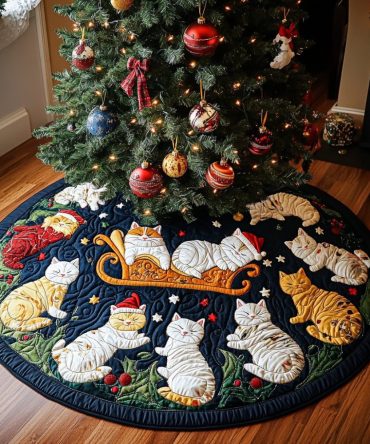 Meowmas Celebration Cat Tree Skirt — Personalized Feline Holiday Skirt, Handmade Felt, Custom Names & Sizes, Made-To-Order