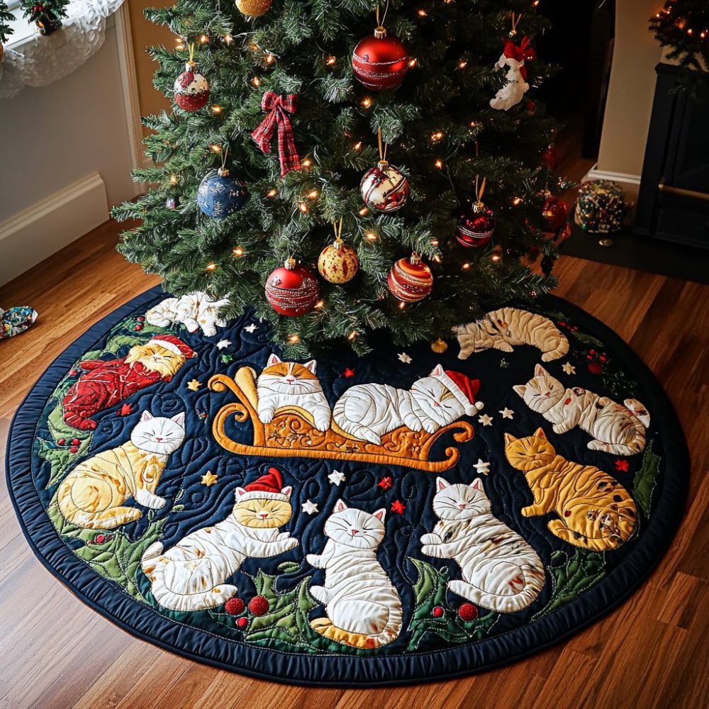 Meowmas Celebration Cat Tree Skirt — Personalized Feline Holiday Skirt, Handmade Felt, Custom Names & Sizes, Made-To-Order