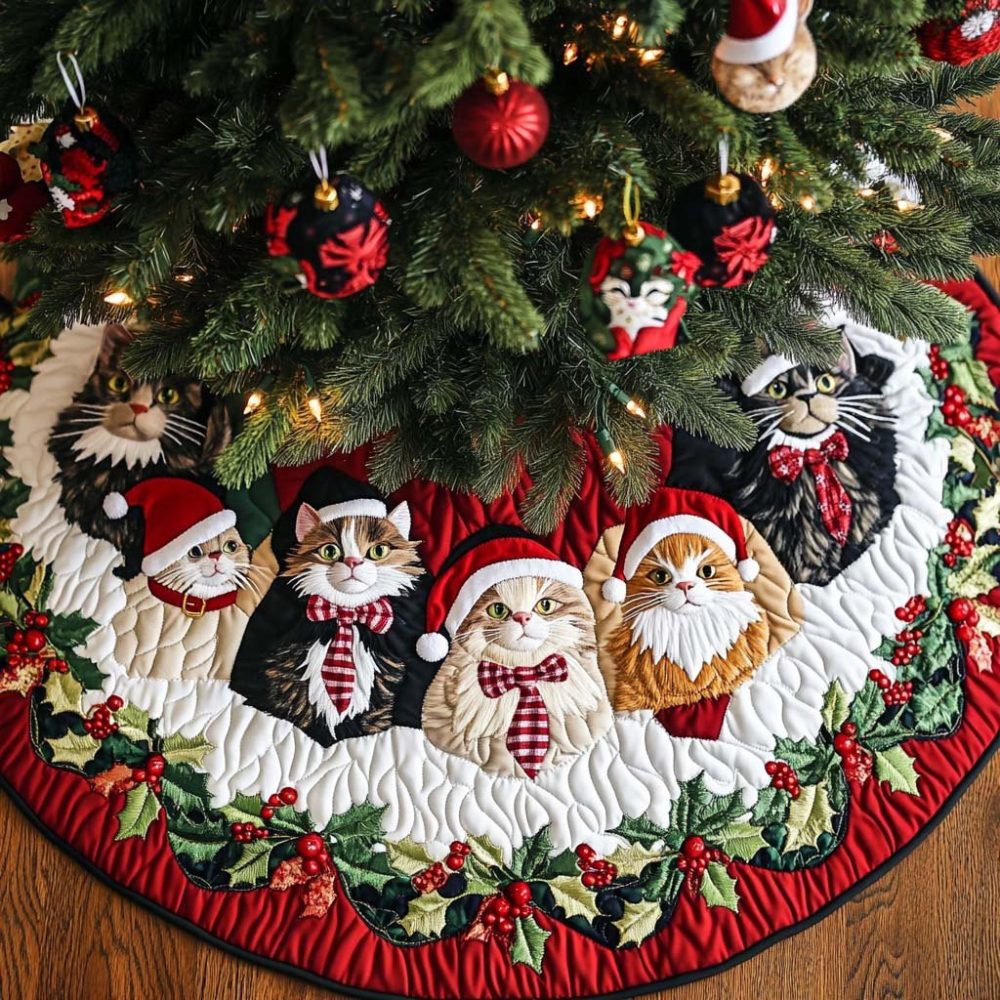 Meows & Merriment Cat Holiday Tree Skirt — Handmade Feline-Themed Christmas Skirt, Personalized Options, Made-To-Order Crafting