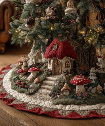 Mushroom Meadow Festive Tree Skirt — Handmade Whimsical Woodland Christmas Skirt, Custom Sizes & Personalized Options, Made-To-Order