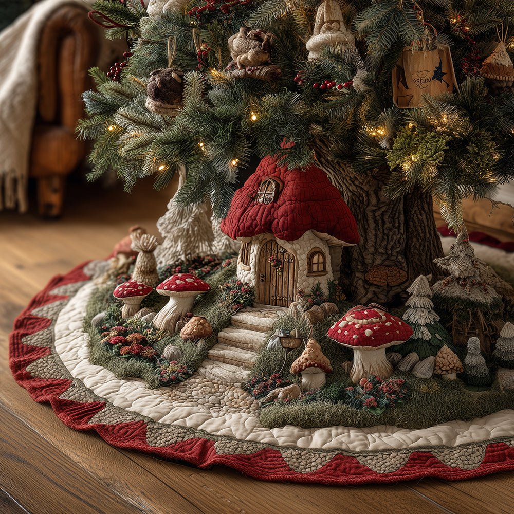 Mushroom Meadow Festive Tree Skirt — Handmade Whimsical Woodland Christmas Skirt, Custom Sizes & Personalized Options, Made-To-Order