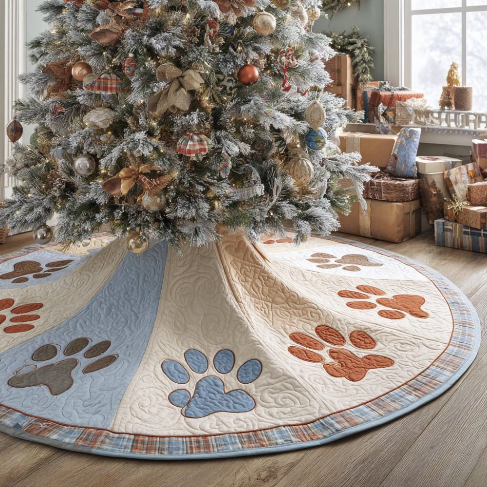 Playful Pawprints Holiday Tree Skirt — Custom Pet Paw Design, Handmade Felt Tree Skirt With Personalization, Ships Made-To-Order