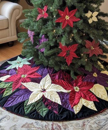 Merry Poinsettia Luxe Christmas Tree Skirt — Handmade Custom Holiday Skirt With Poinsettia Design For Elegant Seasonal Decor, Made To Order