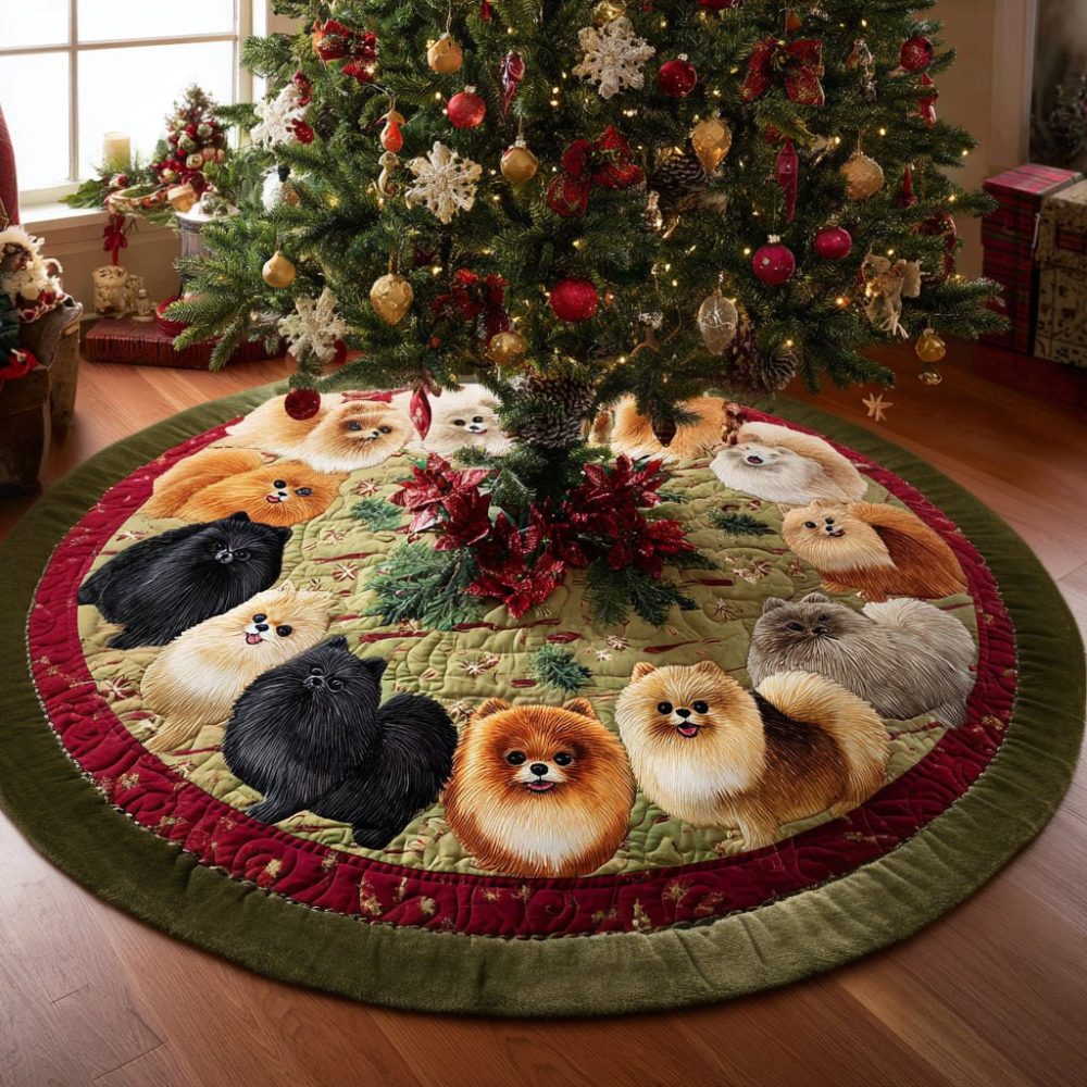 Festive Pom Pom Circle Tree Skirt — Handmade Playful Holiday Skirt With Pom Trim, Custom Sizes For Every Tree