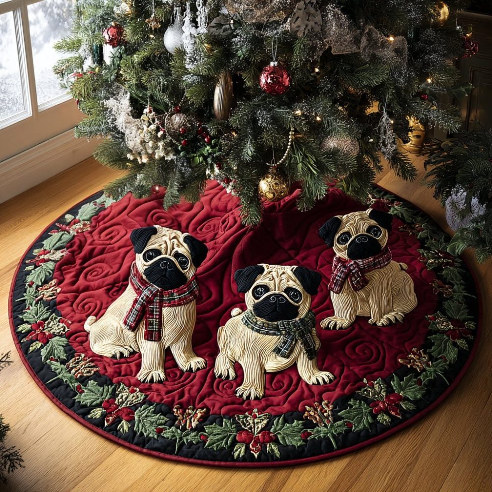 Festive Pugmas Holiday Tree Skirt — Premium Made-To-Order Christmas Tree Skirt, Plush & Personalized For Pug Enthusiasts