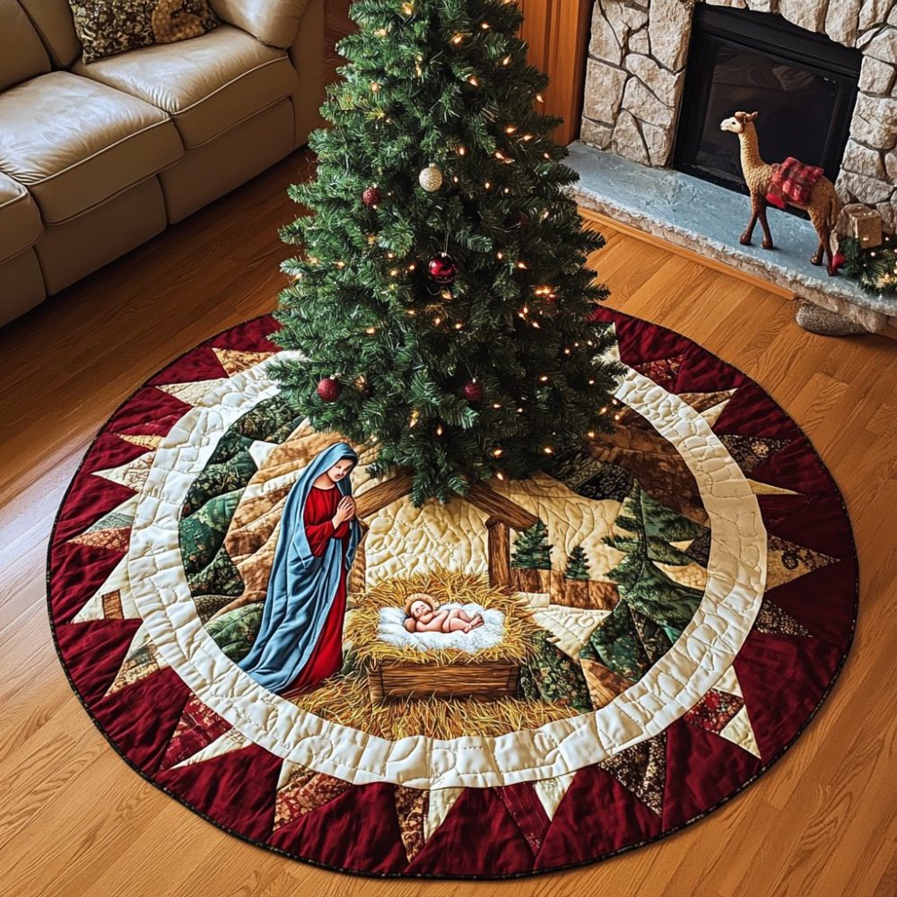 Messiah Manger Reverent Christmas Tree Skirt — Handmade Custom Nativity Tree Skirt For Traditional Holiday Celebrations, Made To Order