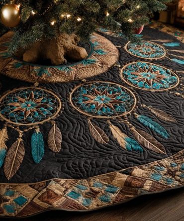 Midnight Dreamcatcher Boho Christmas Tree Skirt — Handmade, Custom Bohemian Holiday Tree Skirt With Dreamcatcher Design, Made To Order