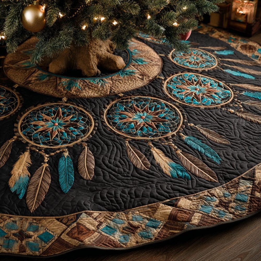 Midnight Dreamcatcher Boho Christmas Tree Skirt — Handmade, Custom Bohemian Holiday Tree Skirt With Dreamcatcher Design, Made To Order