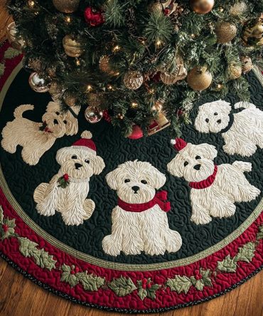 Midnight Maltese Cheer Custom Christmas Tree Skirt — Handmade Dog Lover Holiday Skirt With Maltese Motif, Made To Order