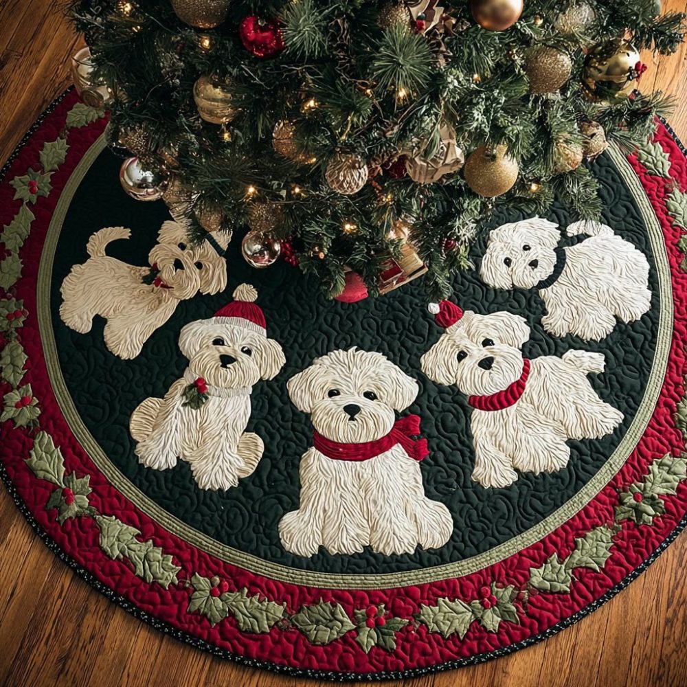 Midnight Maltese Cheer Custom Christmas Tree Skirt — Handmade Dog Lover Holiday Skirt With Maltese Motif, Made To Order