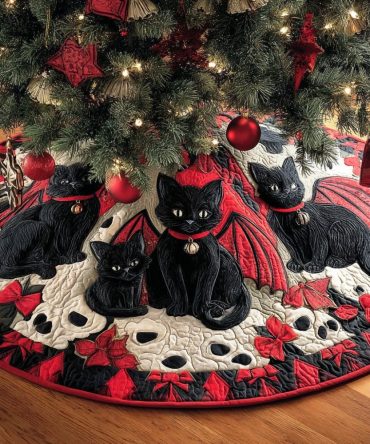 Midnight Noel Cat Holiday Tree Skirt — Custom Handmade Christmas Tree Skirt With Festive Cat Design, Made To Order