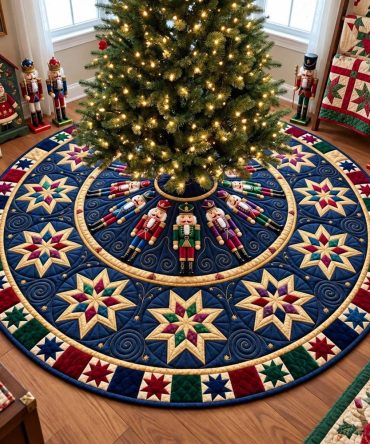 Lux Midnight Nutcracker Tree Skirt With Star Embellishments — Custom Made Holiday Tree Skirt For Elegant Seasonal Decor