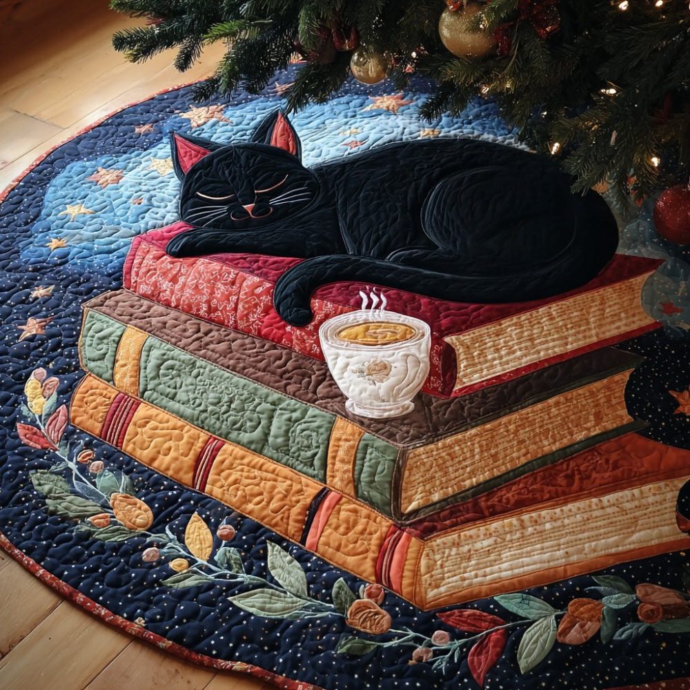 Midnight Reading Cozy Christmas Tree Skirt — Handmade Booklover Holiday Tree Skirt, Custom Sizes Available, Made To Order