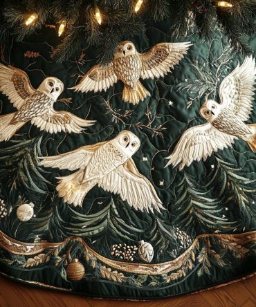 Luxurious Midnight Snow Owl Holiday Tree Skirt — Custom Handmade Christmas Tree Skirt With Owl Motif For Elegant Seasonal Decor