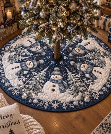 Midnight Snowman Forest Tree Skirt — Made-To-Order Whimsical Snowman Scene For Holiday Tree Base, Soft & Durable