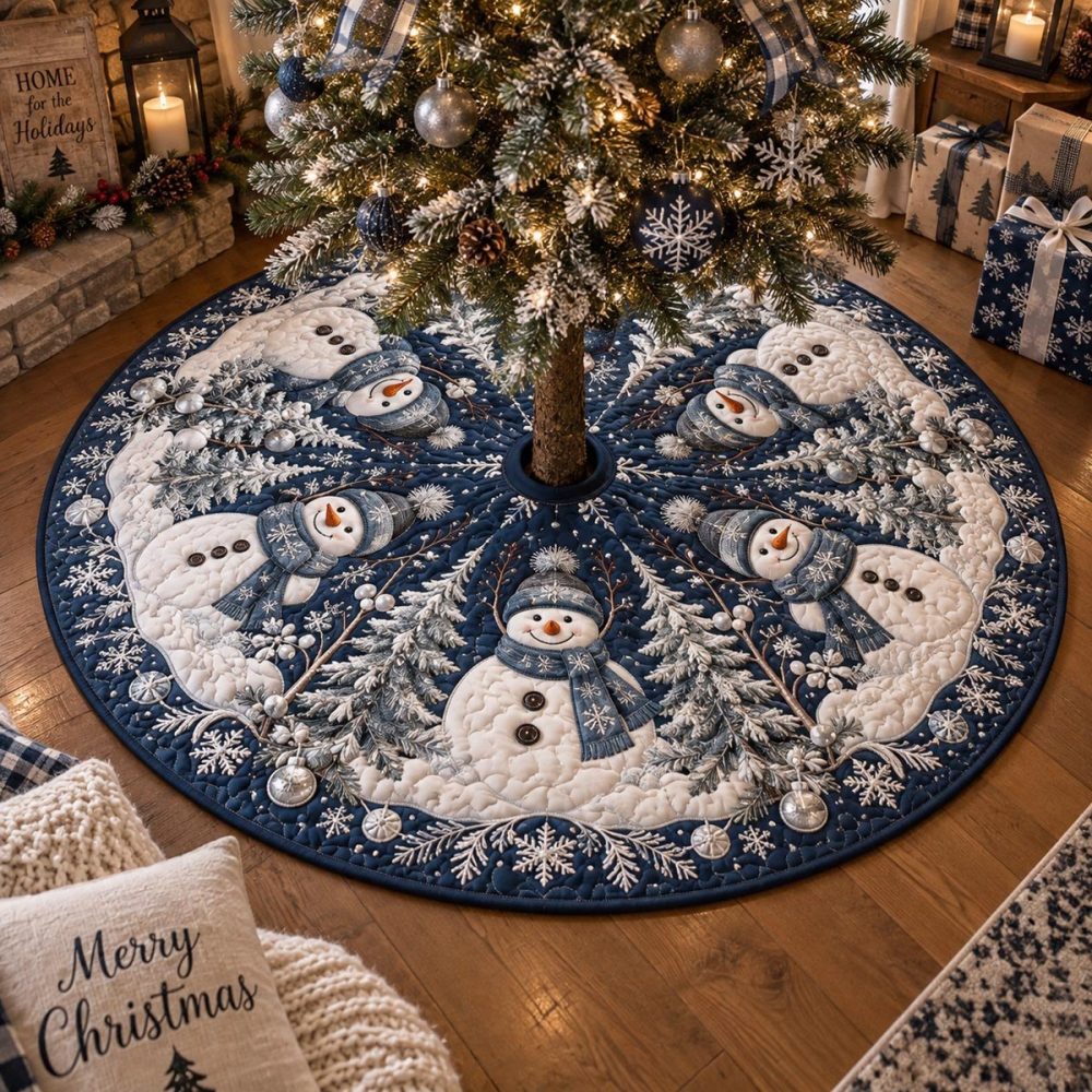 Midnight Snowman Forest Tree Skirt — Made-To-Order Whimsical Snowman Scene For Holiday Tree Base, Soft & Durable